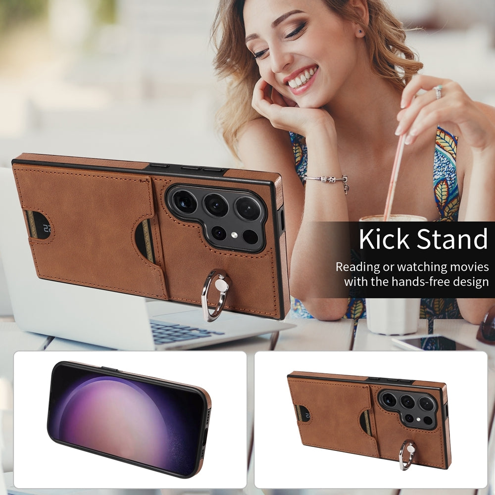 For Samsung Galaxy S24 Ultra 5G Calf Texture Phone Case with Card Slot & Ring Holder