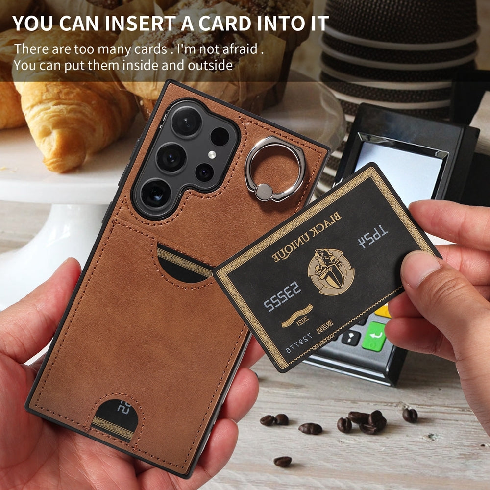 For Samsung Galaxy S24 Ultra 5G Calf Texture Phone Case with Card Slot & Ring Holder