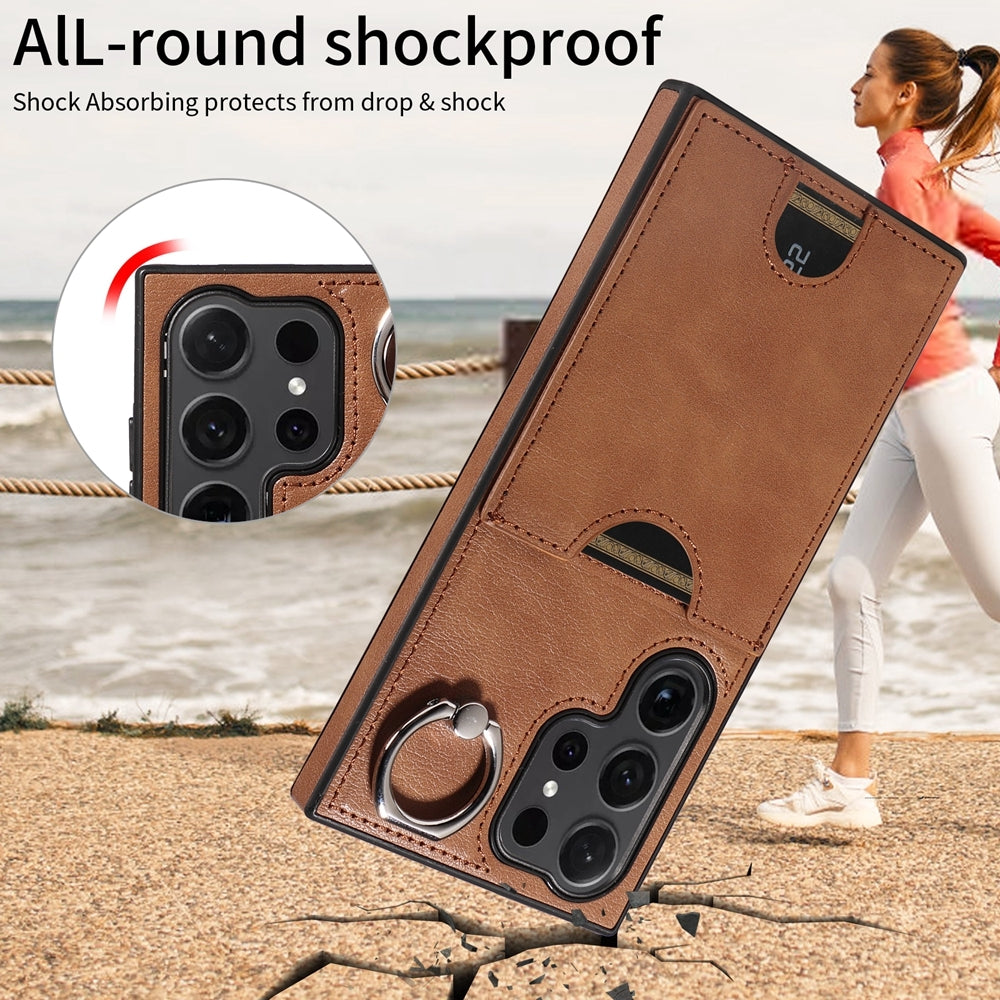 For Samsung Galaxy S24 Ultra 5G Calf Texture Phone Case with Card Slot & Ring Holder