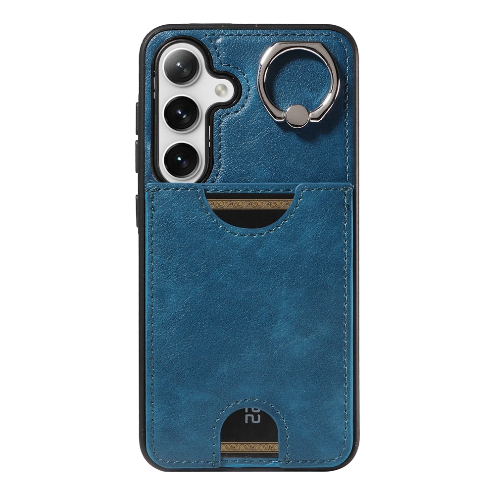 For Samsung Galaxy S24 5G Calf Texture Card Slot Ring Holder Phone Case