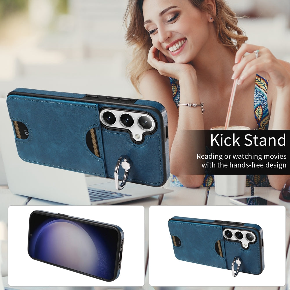 For Samsung Galaxy S24 5G Calf Texture Card Slot Ring Holder Phone Case