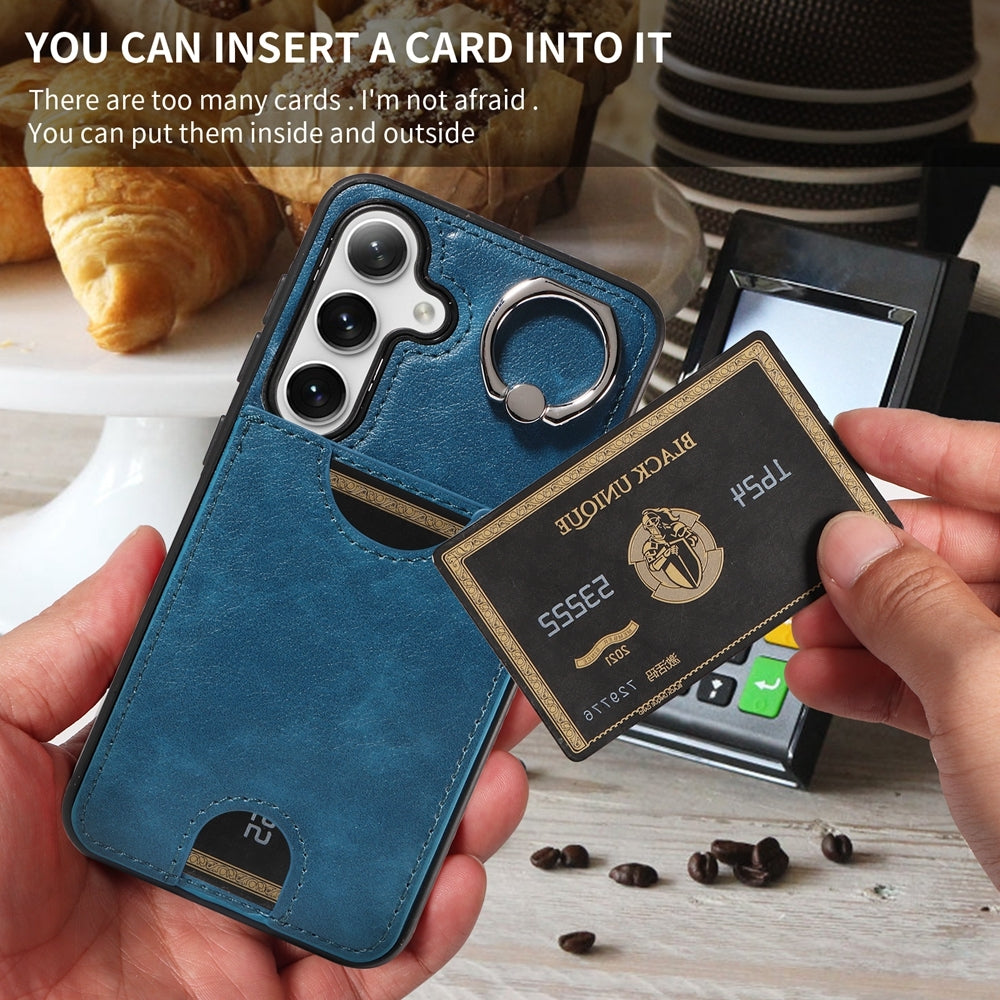 For Samsung Galaxy S24 5G Calf Texture Card Slot Ring Holder Phone Case