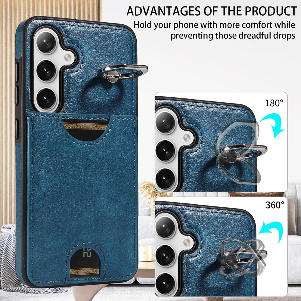 For Samsung Galaxy S24 5G Calf Texture Card Slot Ring Holder Phone Case