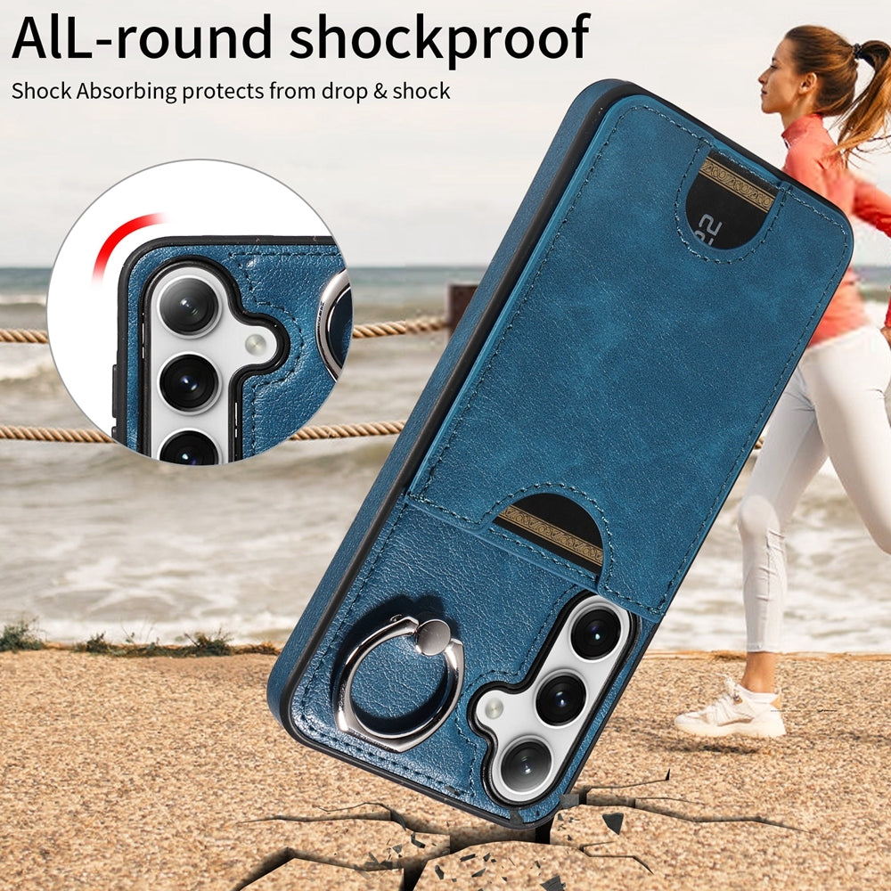 For Samsung Galaxy S24 5G Calf Texture Card Slot Ring Holder Phone Case