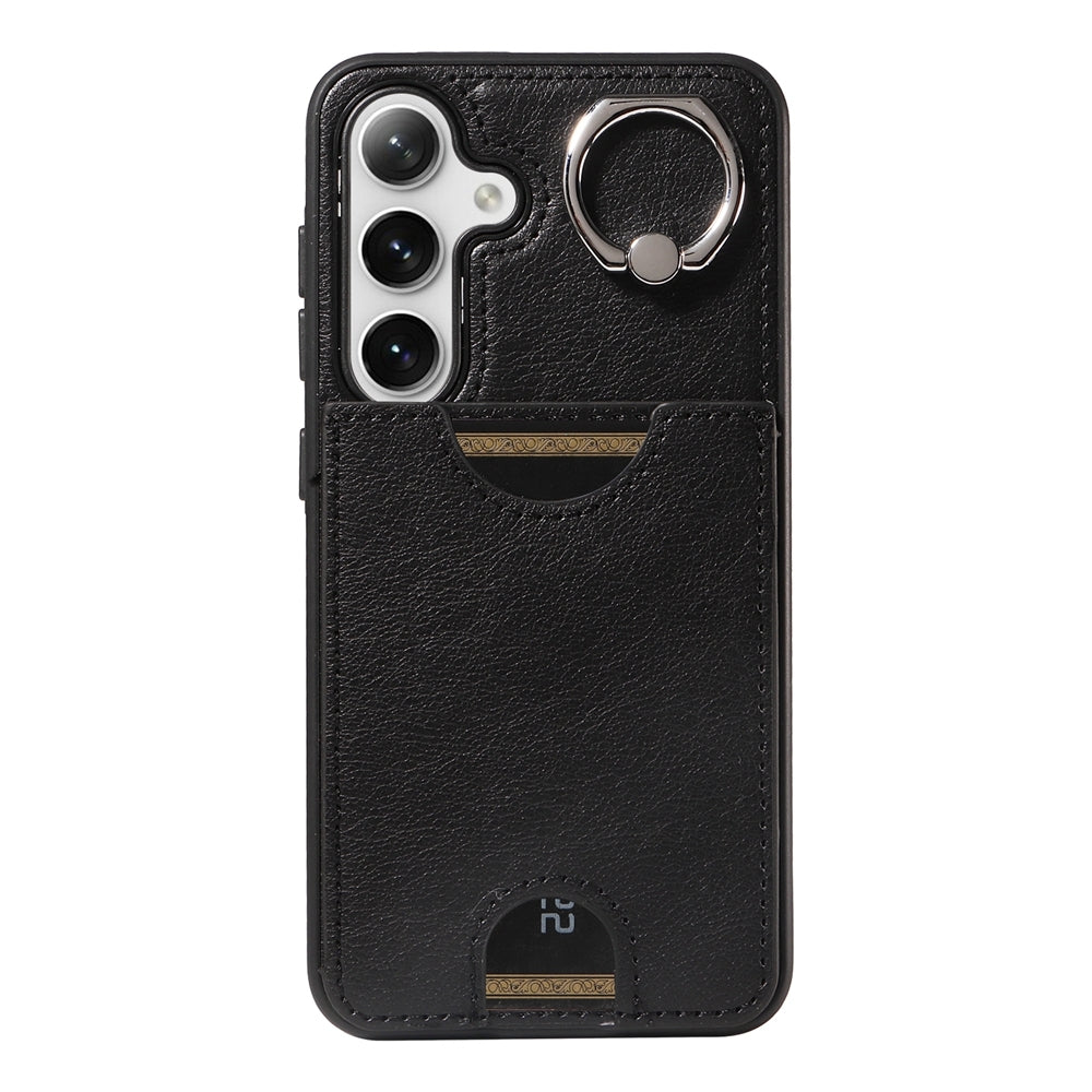 For Samsung Galaxy S24 5G Calf Texture Card Slot Ring Holder Phone Case