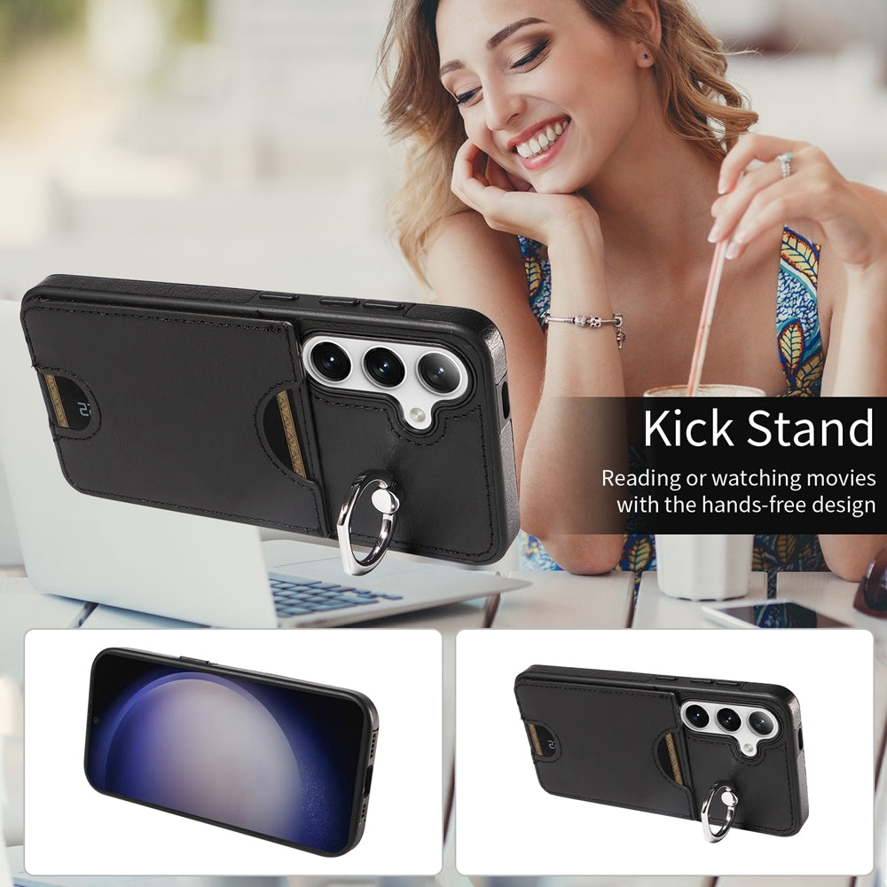 For Samsung Galaxy S24 5G Calf Texture Card Slot Ring Holder Phone Case