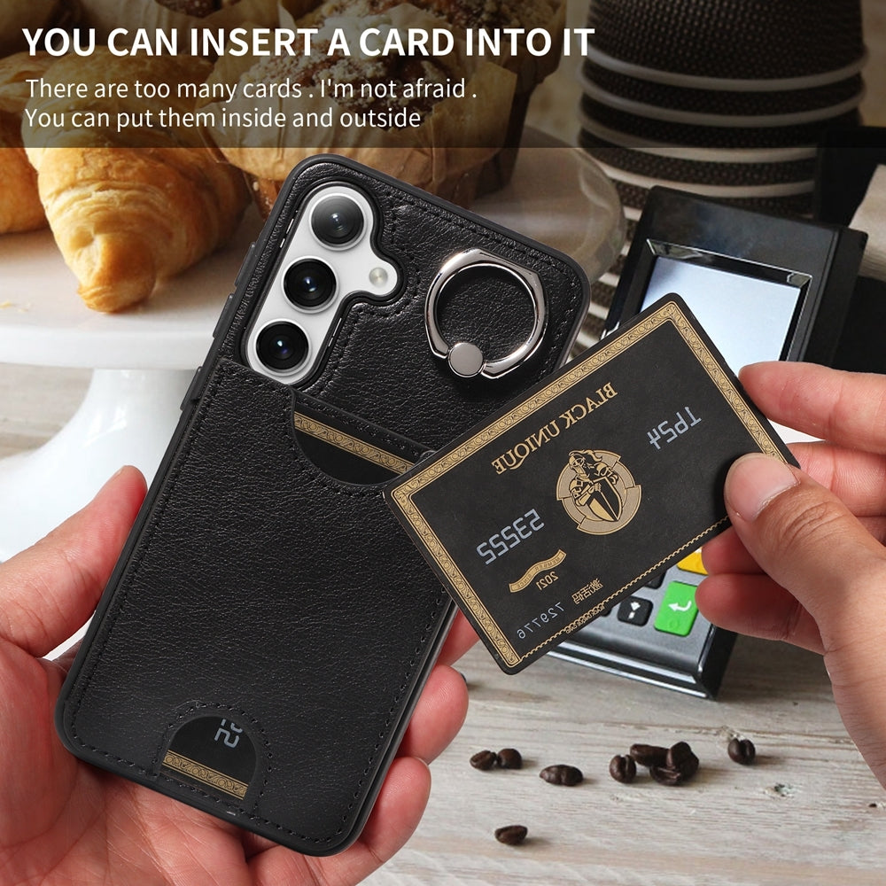 For Samsung Galaxy S24 5G Calf Texture Card Slot Ring Holder Phone Case