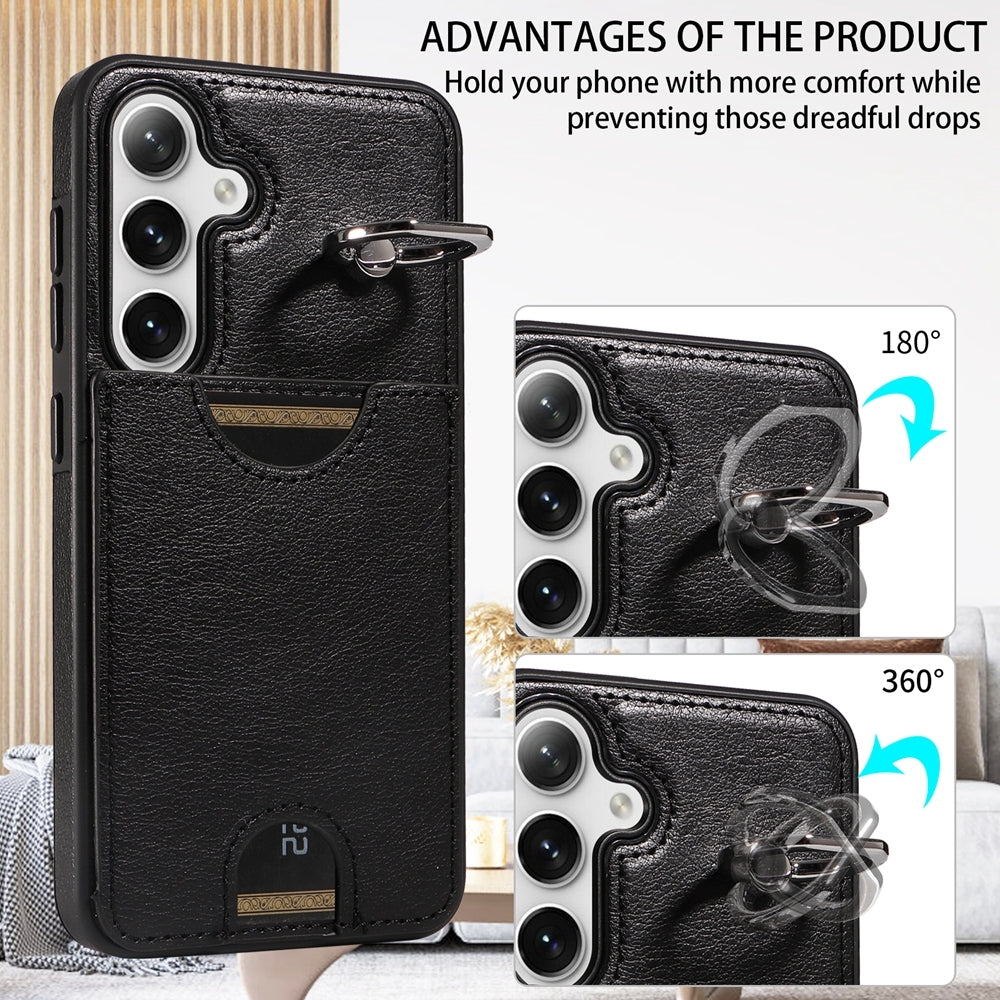 For Samsung Galaxy S24 5G Calf Texture Card Slot Ring Holder Phone Case
