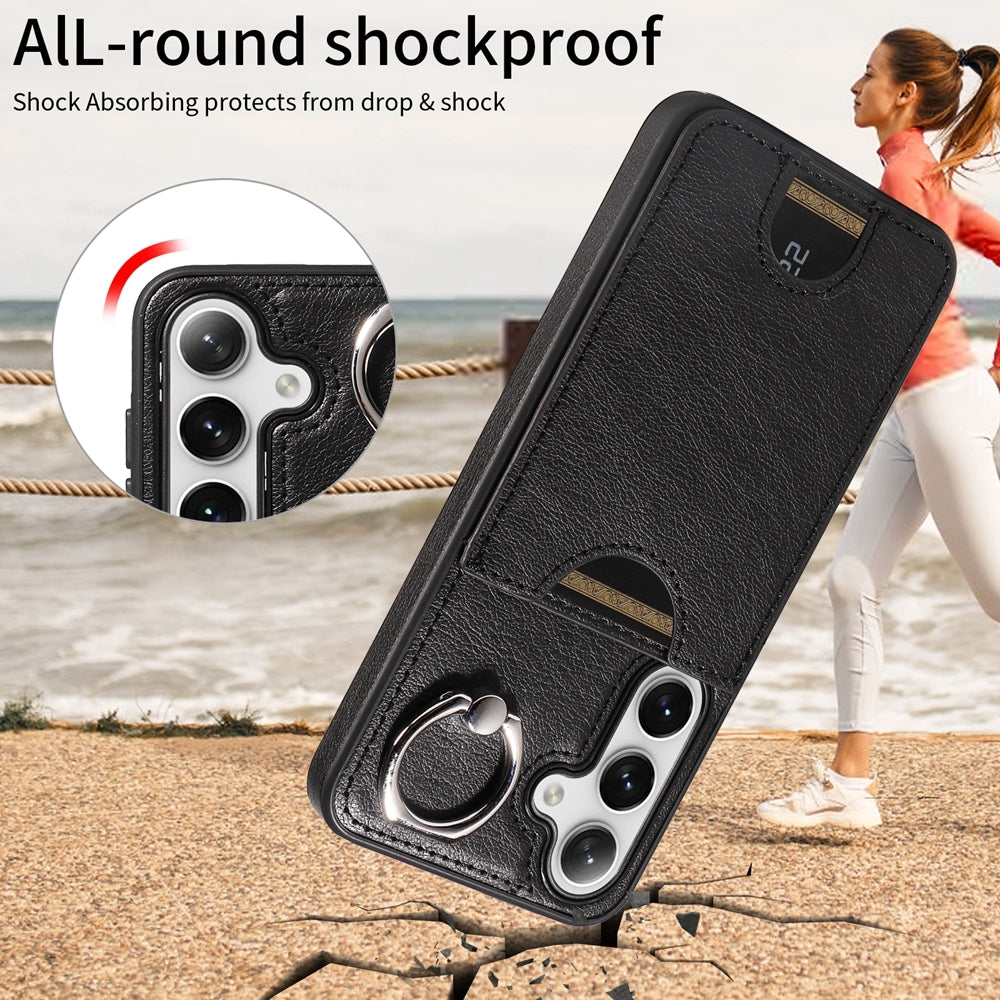 For Samsung Galaxy S24 5G Calf Texture Card Slot Ring Holder Phone Case