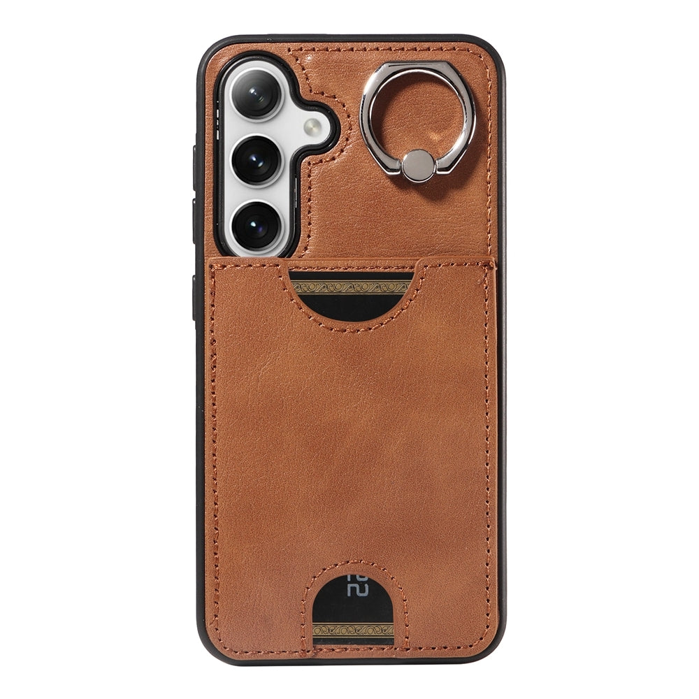 For Samsung Galaxy S24 5G Calf Texture Card Slot Ring Holder Phone Case