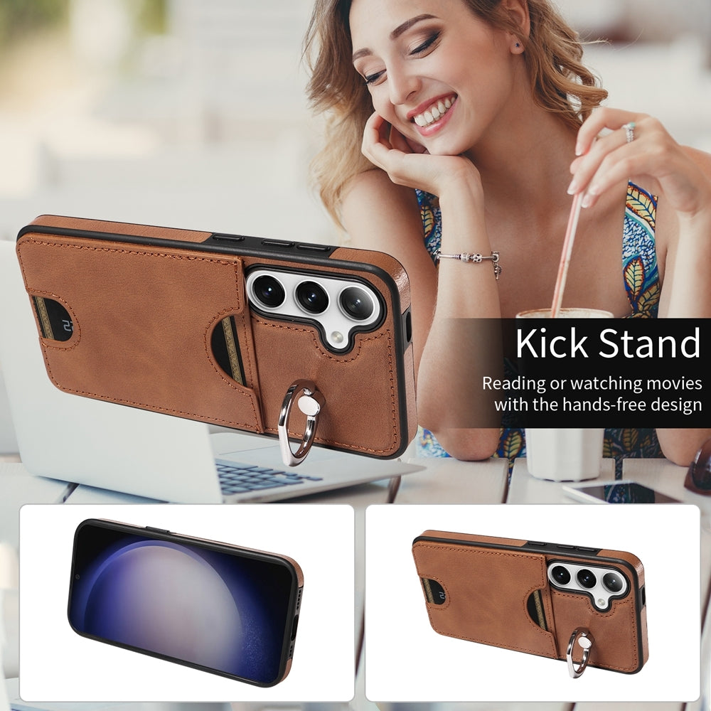 For Samsung Galaxy S24 5G Calf Texture Card Slot Ring Holder Phone Case