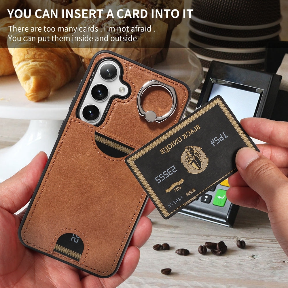 For Samsung Galaxy S24 5G Calf Texture Card Slot Ring Holder Phone Case