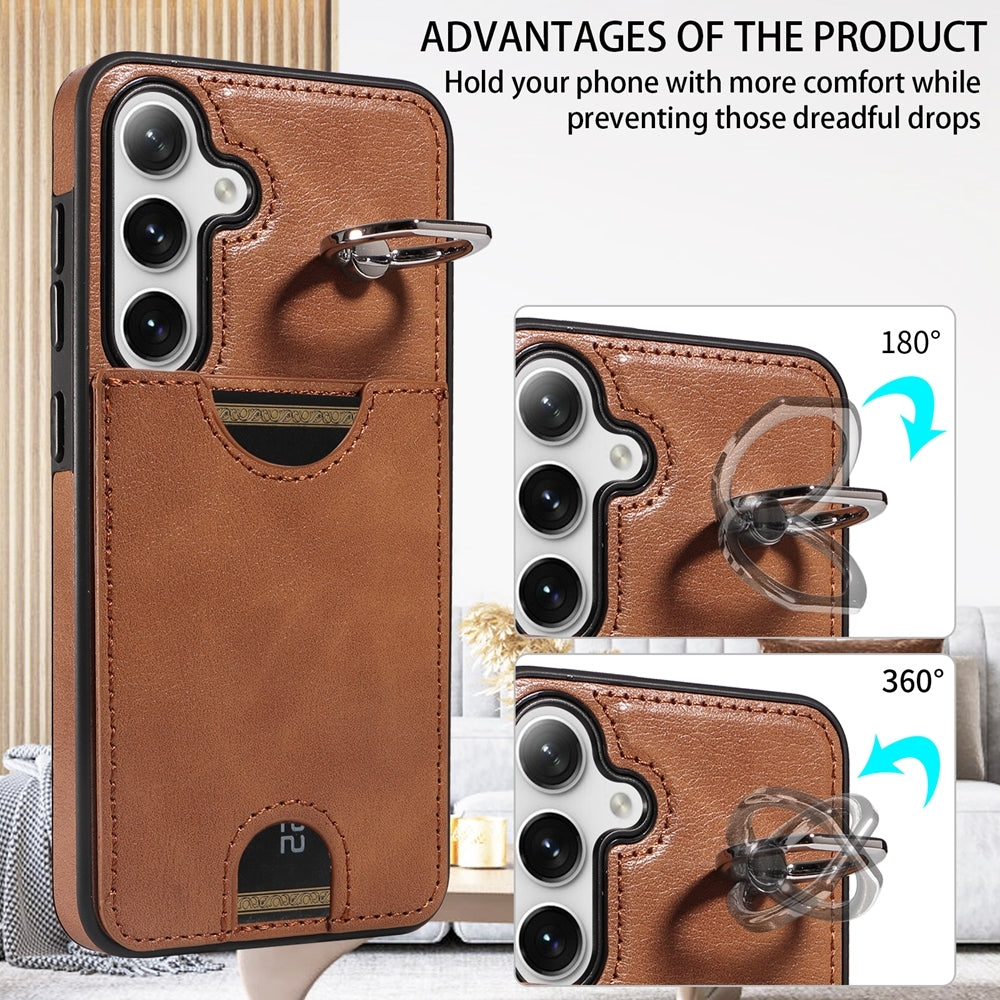 For Samsung Galaxy S24 5G Calf Texture Card Slot Ring Holder Phone Case