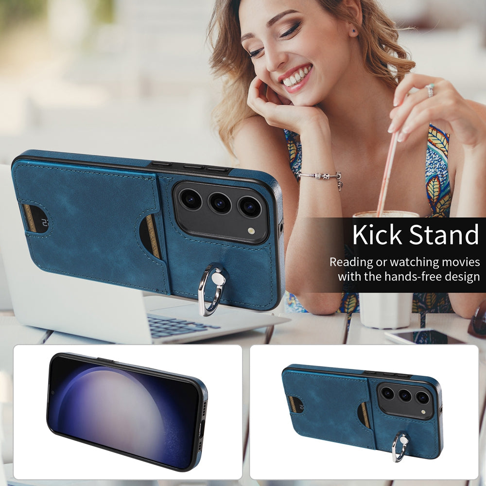 For Samsung Galaxy S23+ 5G Calf Texture Card Slot Ring Holder Phone Case