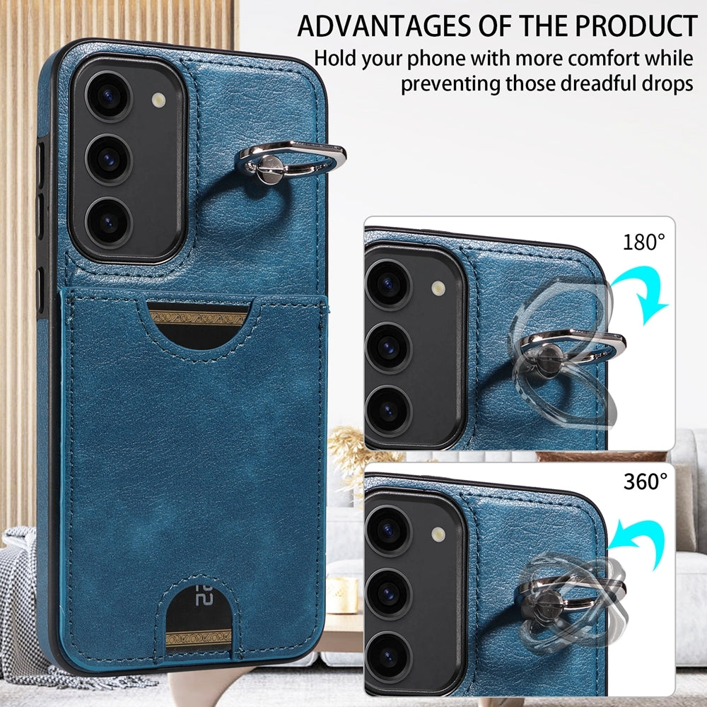 For Samsung Galaxy S23+ 5G Calf Texture Card Slot Ring Holder Phone Case