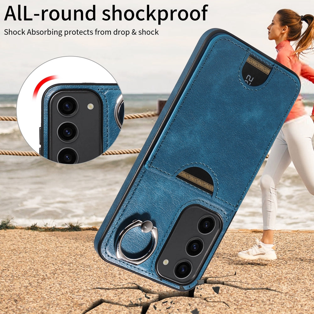 For Samsung Galaxy S23+ 5G Calf Texture Card Slot Ring Holder Phone Case