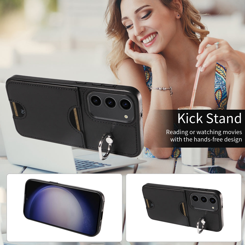 For Samsung Galaxy S23+ 5G Calf Texture Card Slot Ring Holder Phone Case