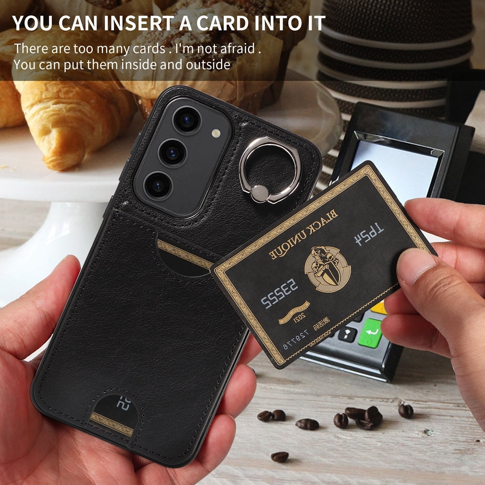 For Samsung Galaxy S23+ 5G Calf Texture Card Slot Ring Holder Phone Case