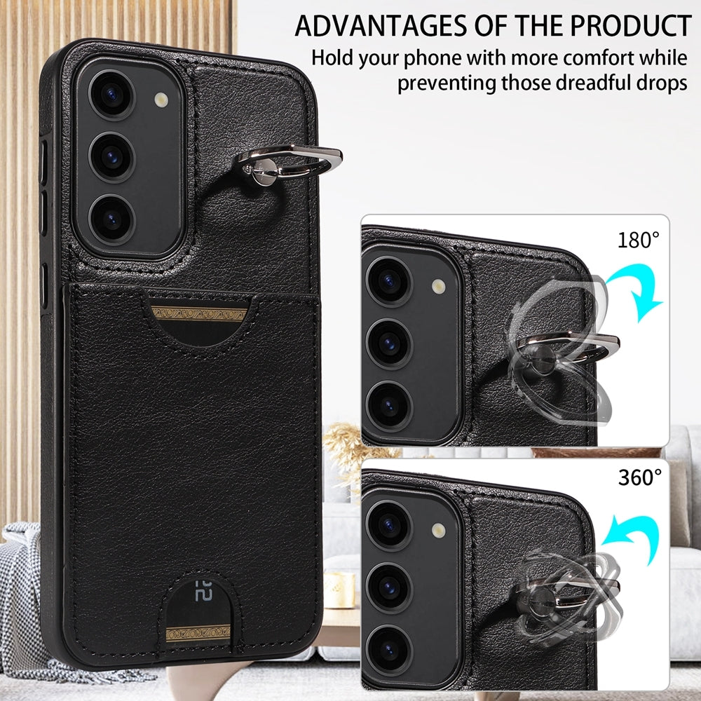 For Samsung Galaxy S23+ 5G Calf Texture Card Slot Ring Holder Phone Case