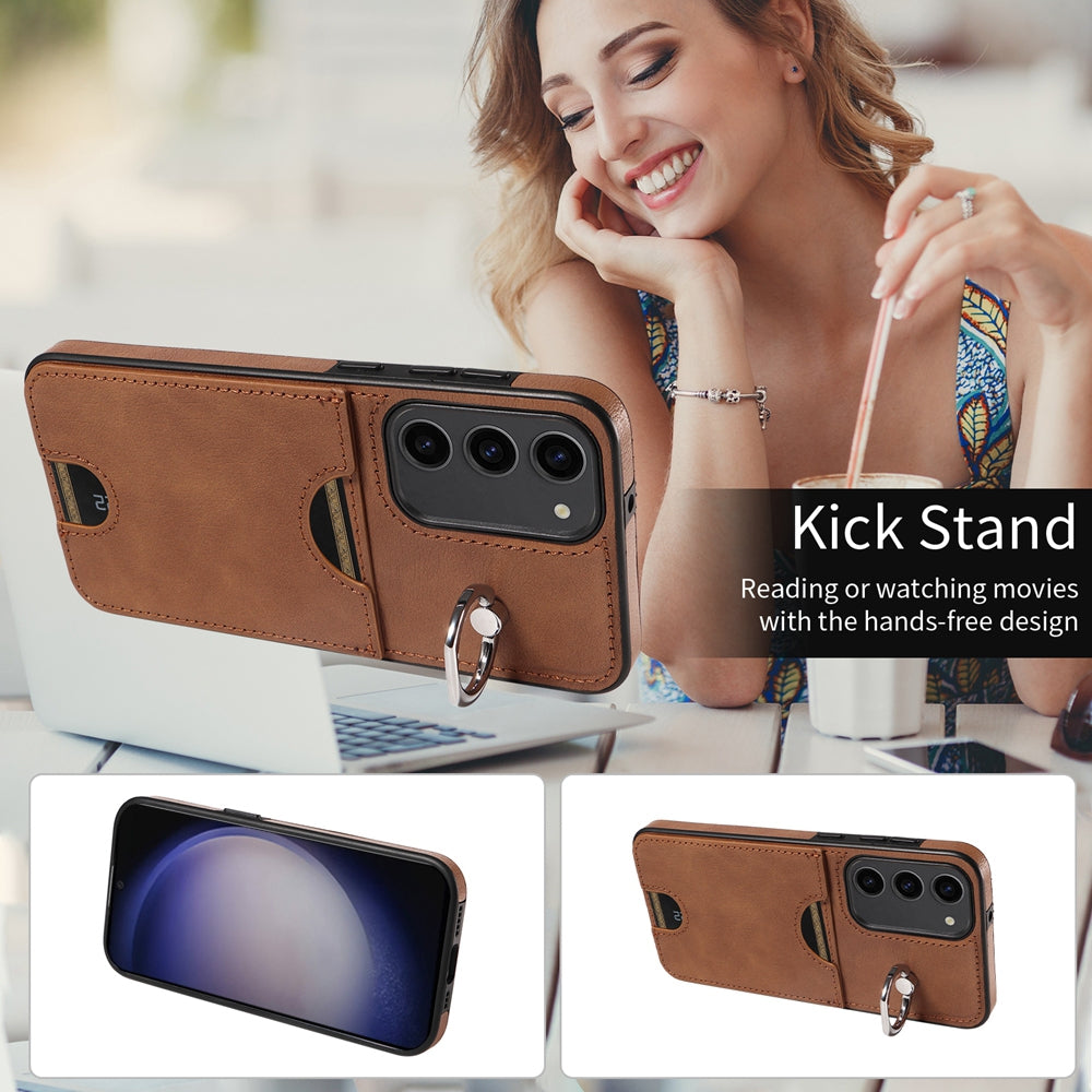 For Samsung Galaxy S23+ 5G Calf Texture Card Slot Ring Holder Phone Case