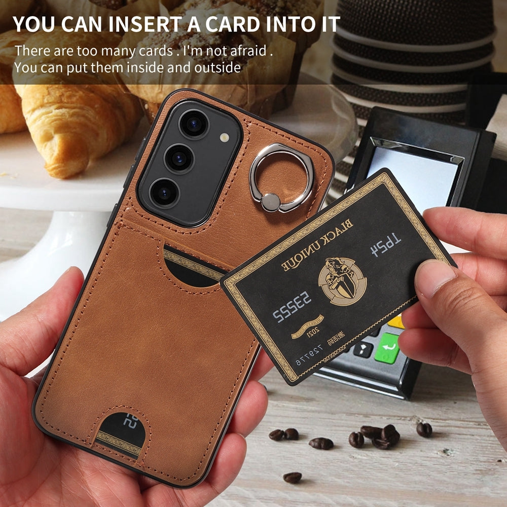 For Samsung Galaxy S23+ 5G Calf Texture Card Slot Ring Holder Phone Case