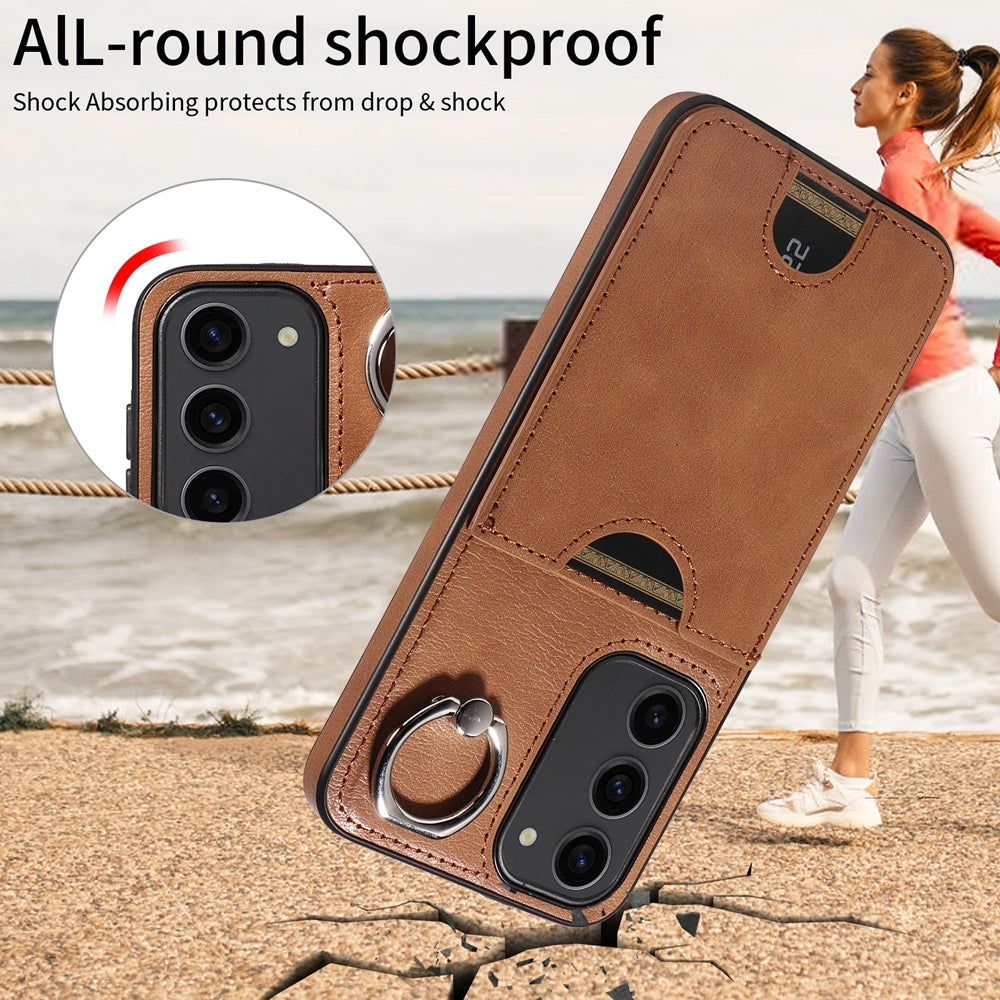 For Samsung Galaxy S23+ 5G Calf Texture Card Slot Ring Holder Phone Case