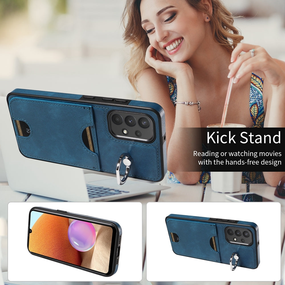 For Samsung Galaxy A32 4G Case with Calf Texture & Ring Holder - Durable Card Slot Design