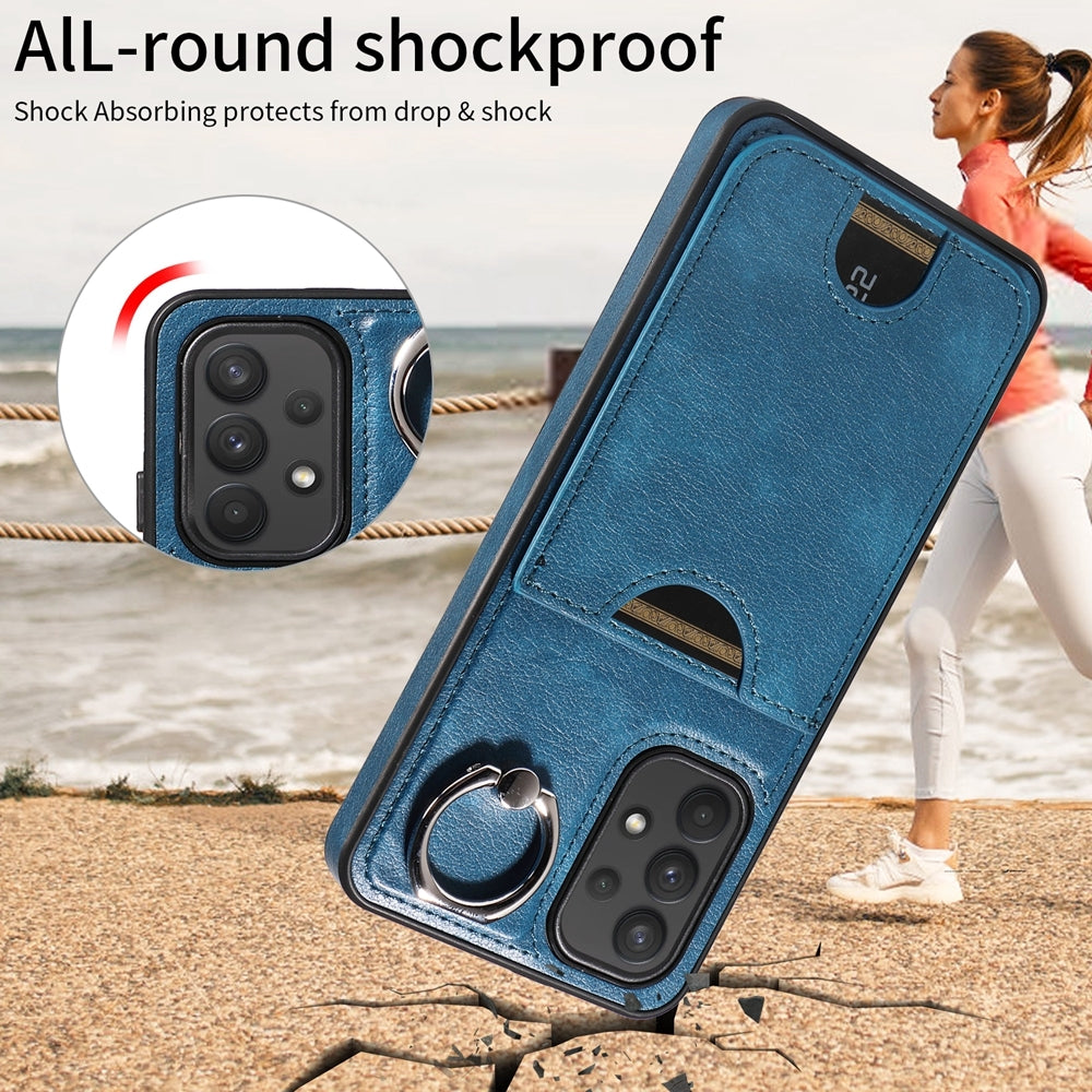 For Samsung Galaxy A32 4G Case with Calf Texture & Ring Holder - Durable Card Slot Design