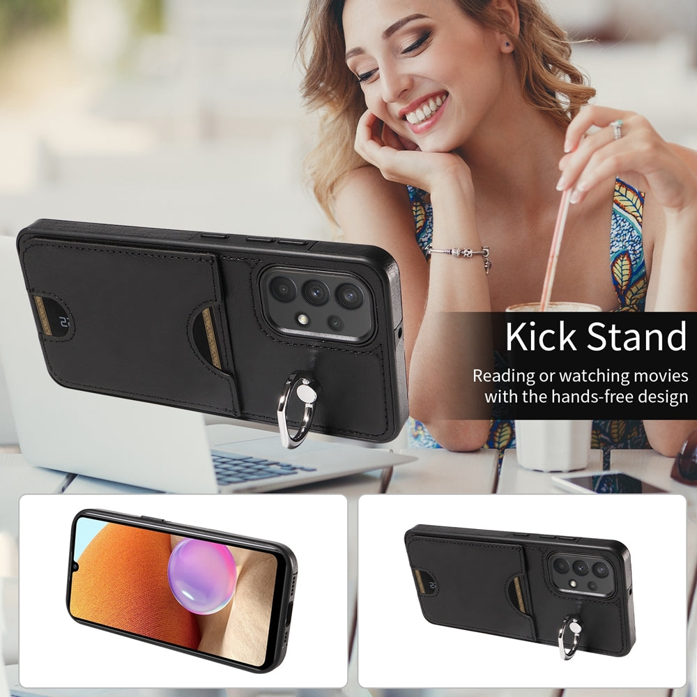For Samsung Galaxy A32 4G Case with Calf Texture & Ring Holder - Durable Card Slot Design