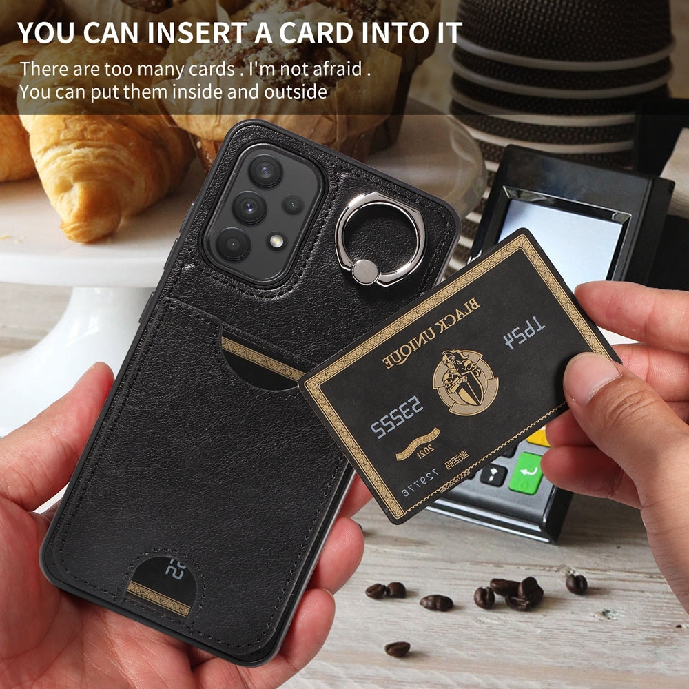 For Samsung Galaxy A32 4G Case with Calf Texture & Ring Holder - Durable Card Slot Design
