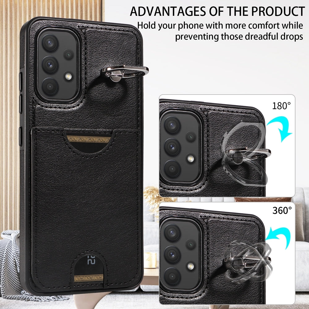 For Samsung Galaxy A32 4G Case with Calf Texture & Ring Holder - Durable Card Slot Design