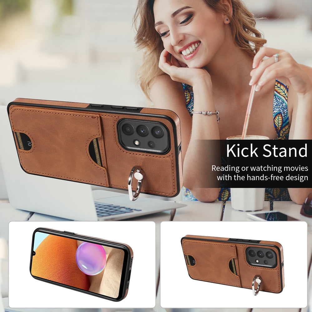 For Samsung Galaxy A32 4G Case with Calf Texture & Ring Holder - Durable Card Slot Design