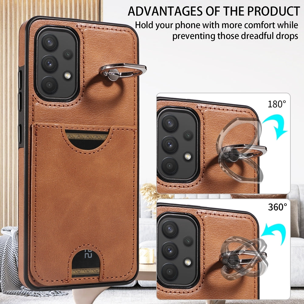 For Samsung Galaxy A32 4G Case with Calf Texture & Ring Holder - Durable Card Slot Design