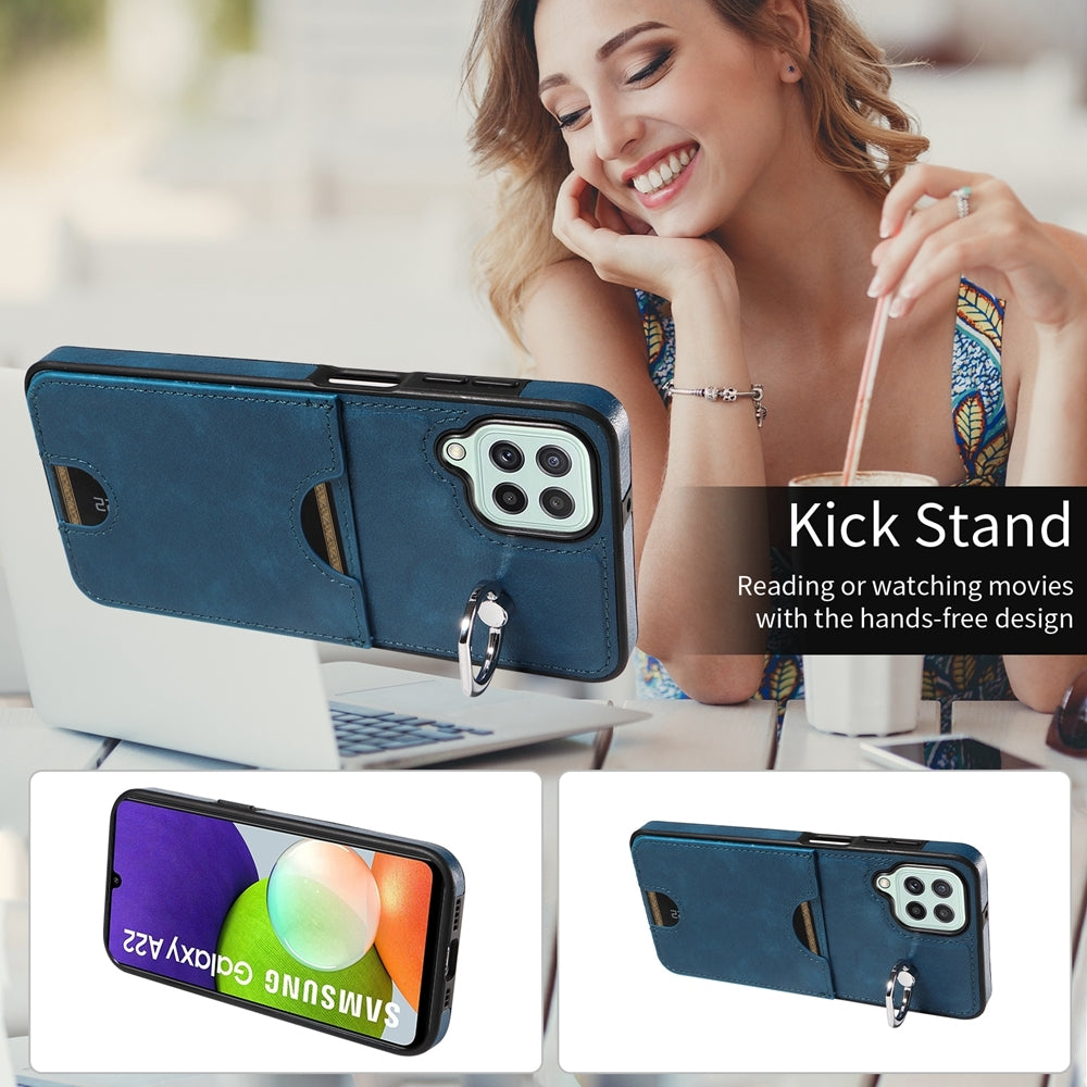 For Samsung Galaxy A22 4G Case with Calf Texture & Ring Holder - Durable Card Slot Design
