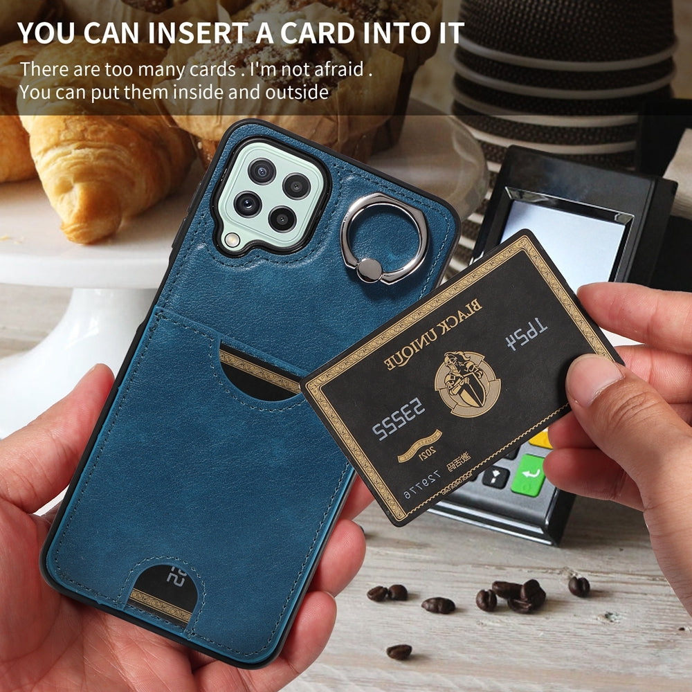 For Samsung Galaxy A22 4G Case with Calf Texture & Ring Holder - Durable Card Slot Design