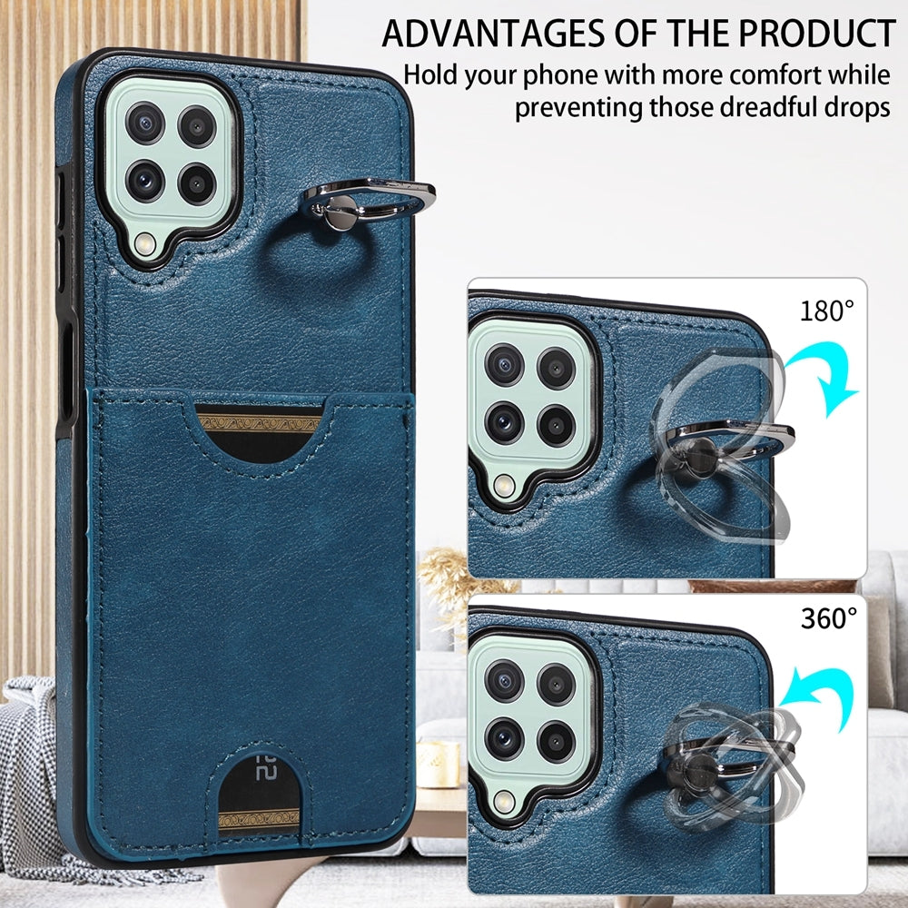 For Samsung Galaxy A22 4G Case with Calf Texture & Ring Holder - Durable Card Slot Design