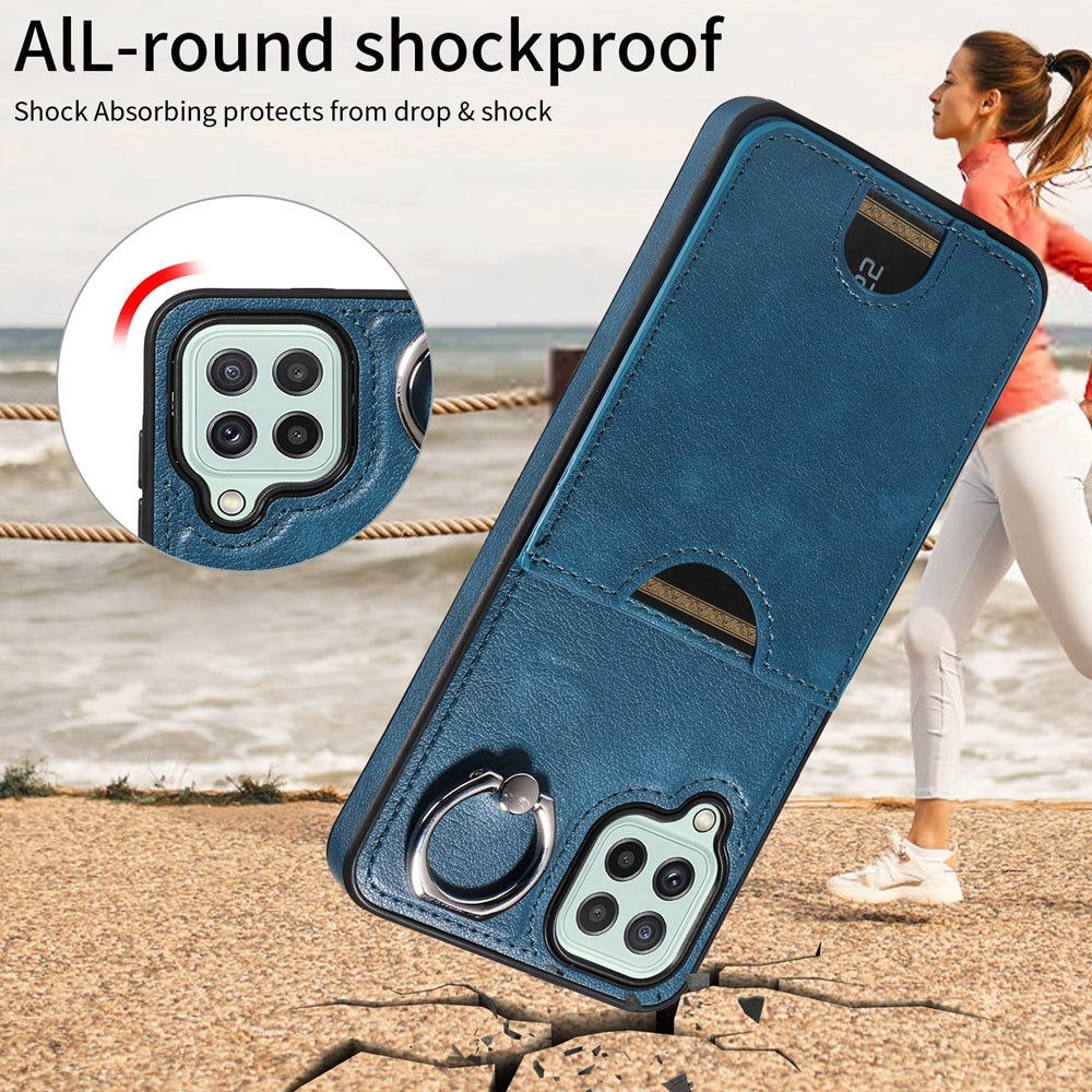 For Samsung Galaxy A22 4G Case with Calf Texture & Ring Holder - Durable Card Slot Design