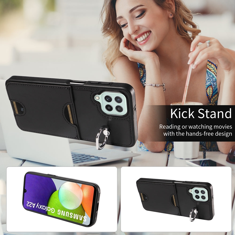 For Samsung Galaxy A22 4G Case with Calf Texture & Ring Holder - Durable Card Slot Design
