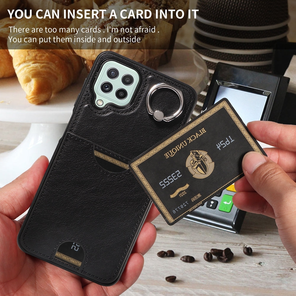 For Samsung Galaxy A22 4G Case with Calf Texture & Ring Holder - Durable Card Slot Design