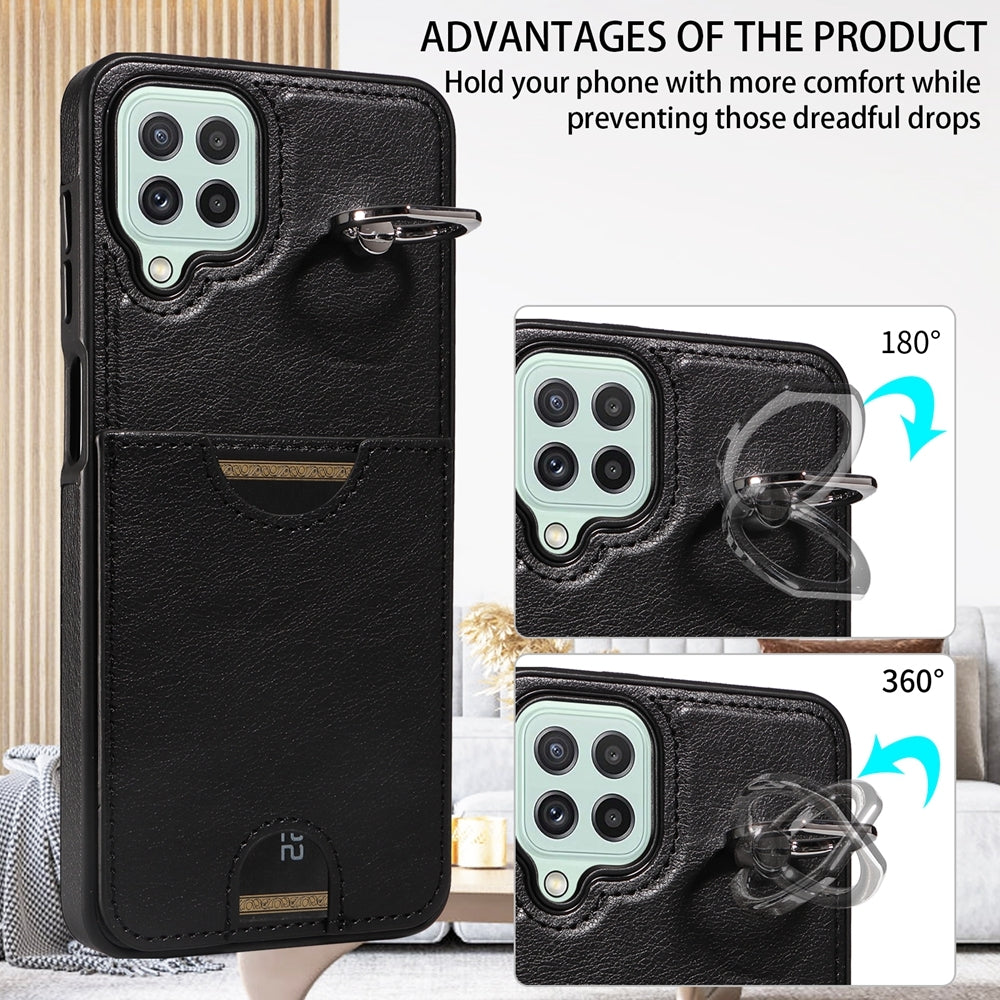 For Samsung Galaxy A22 4G Case with Calf Texture & Ring Holder - Durable Card Slot Design