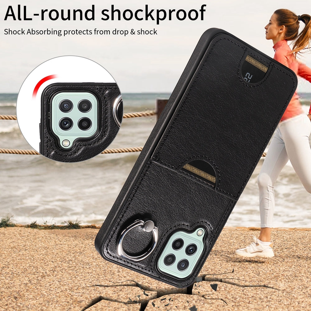 For Samsung Galaxy A22 4G Case with Calf Texture & Ring Holder - Durable Card Slot Design