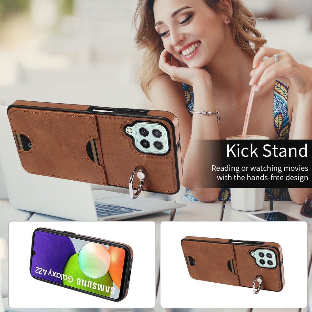 For Samsung Galaxy A22 4G Case with Calf Texture & Ring Holder - Durable Card Slot Design