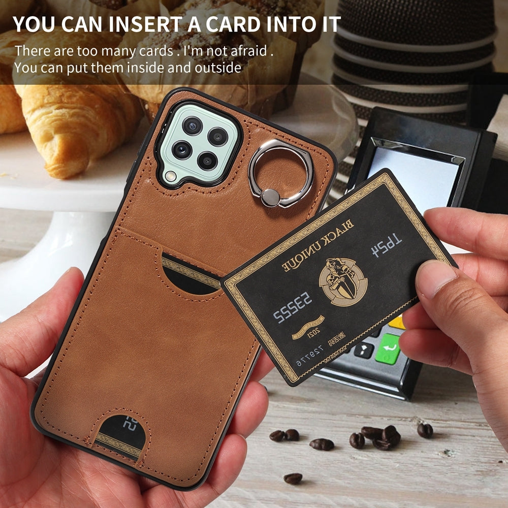 For Samsung Galaxy A22 4G Case with Calf Texture & Ring Holder - Durable Card Slot Design