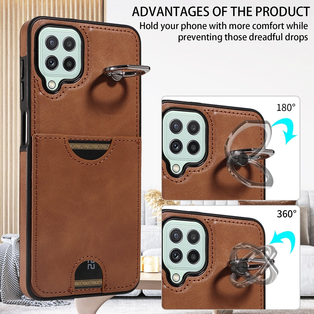For Samsung Galaxy A22 4G Case with Calf Texture & Ring Holder - Durable Card Slot Design