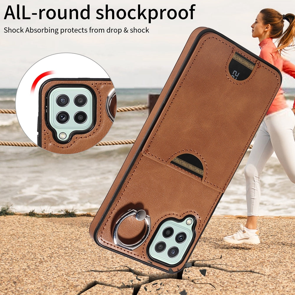 For Samsung Galaxy A22 4G Case with Calf Texture & Ring Holder - Durable Card Slot Design