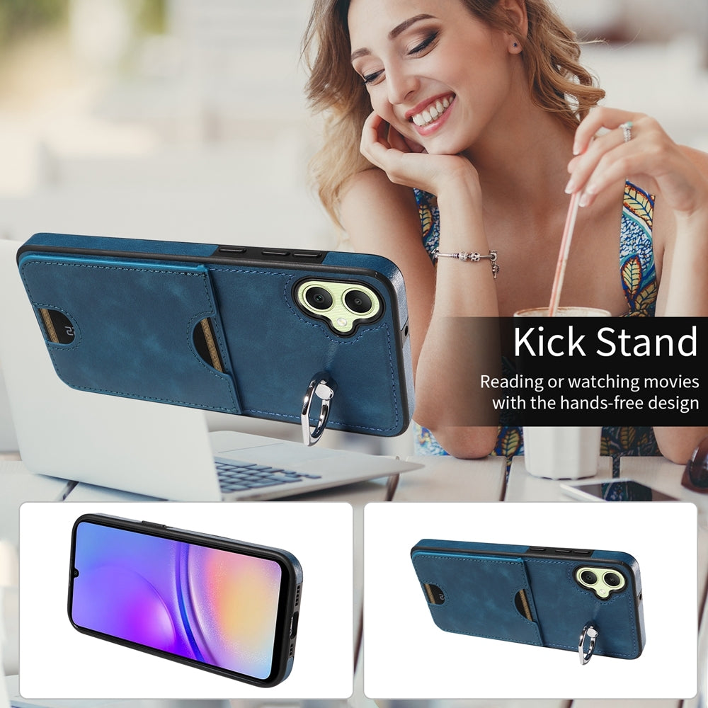 For Samsung Galaxy A05 Calf Texture Card Slot Ring Holder Phone Case