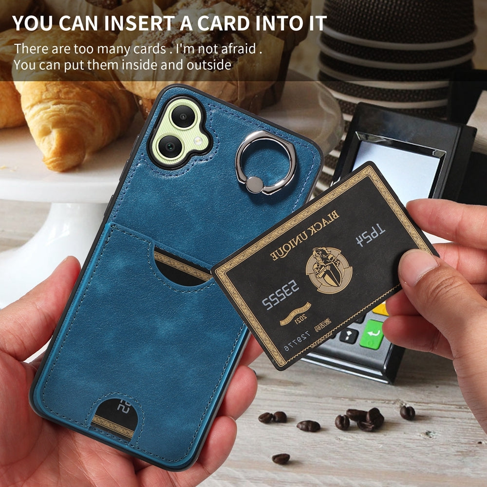 For Samsung Galaxy A05 Calf Texture Card Slot Ring Holder Phone Case