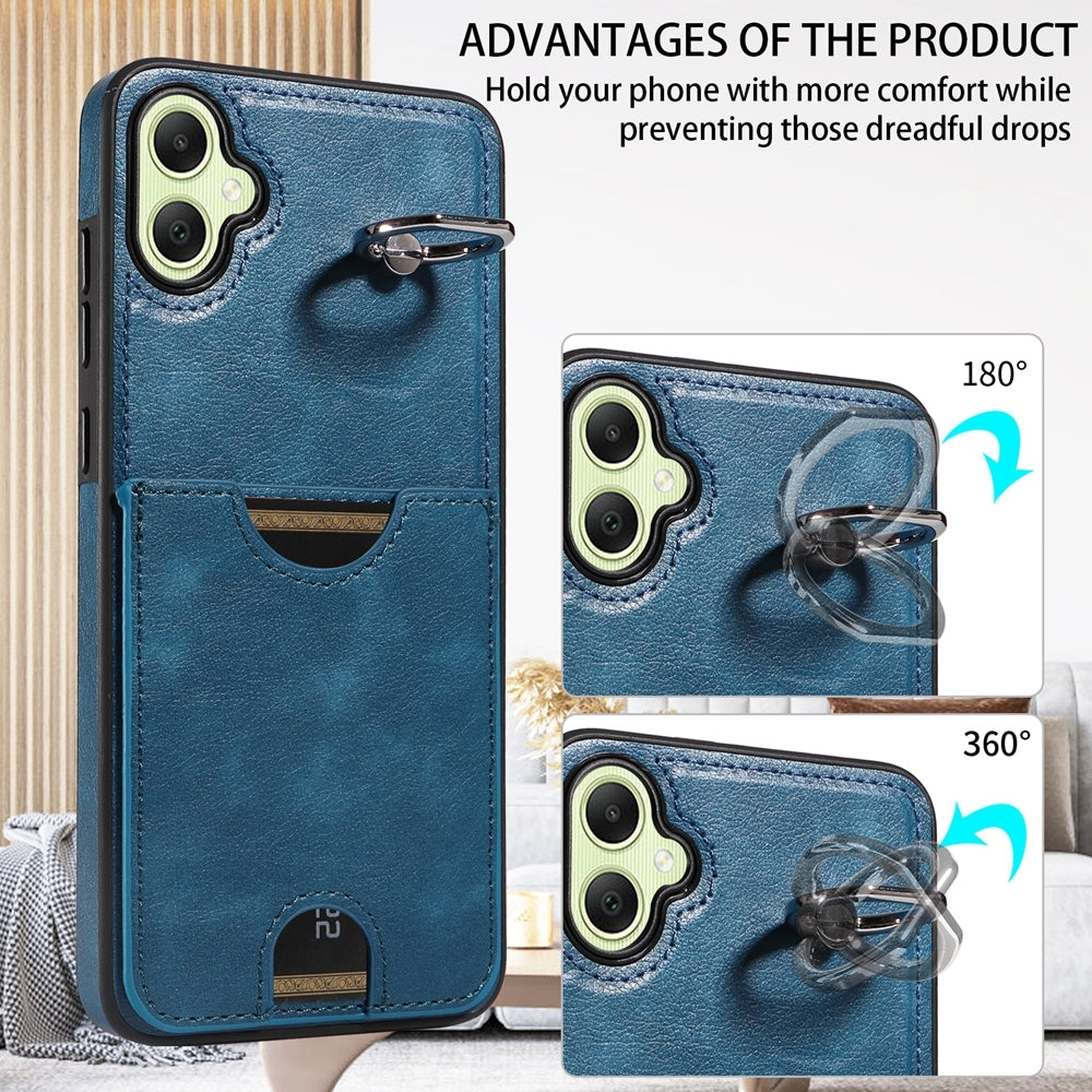 For Samsung Galaxy A05 Calf Texture Card Slot Ring Holder Phone Case