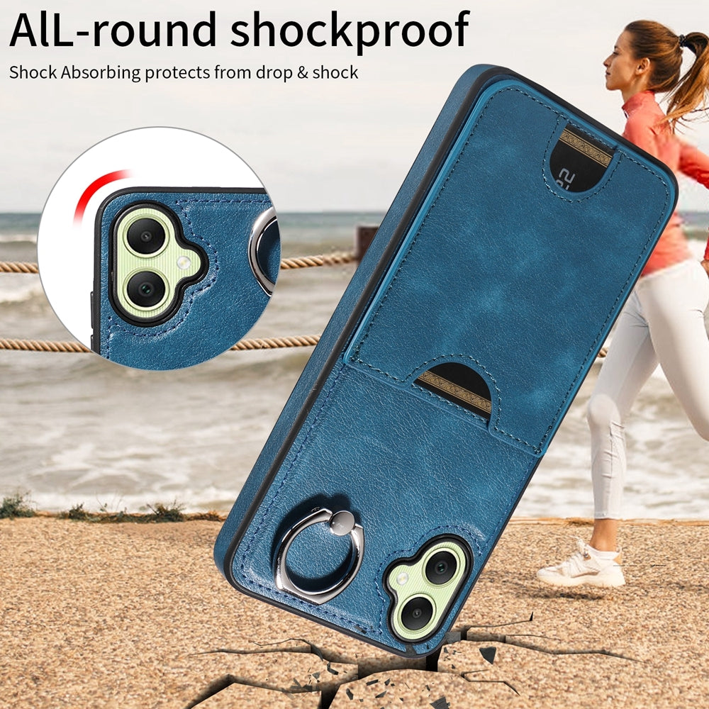 For Samsung Galaxy A05 Calf Texture Card Slot Ring Holder Phone Case