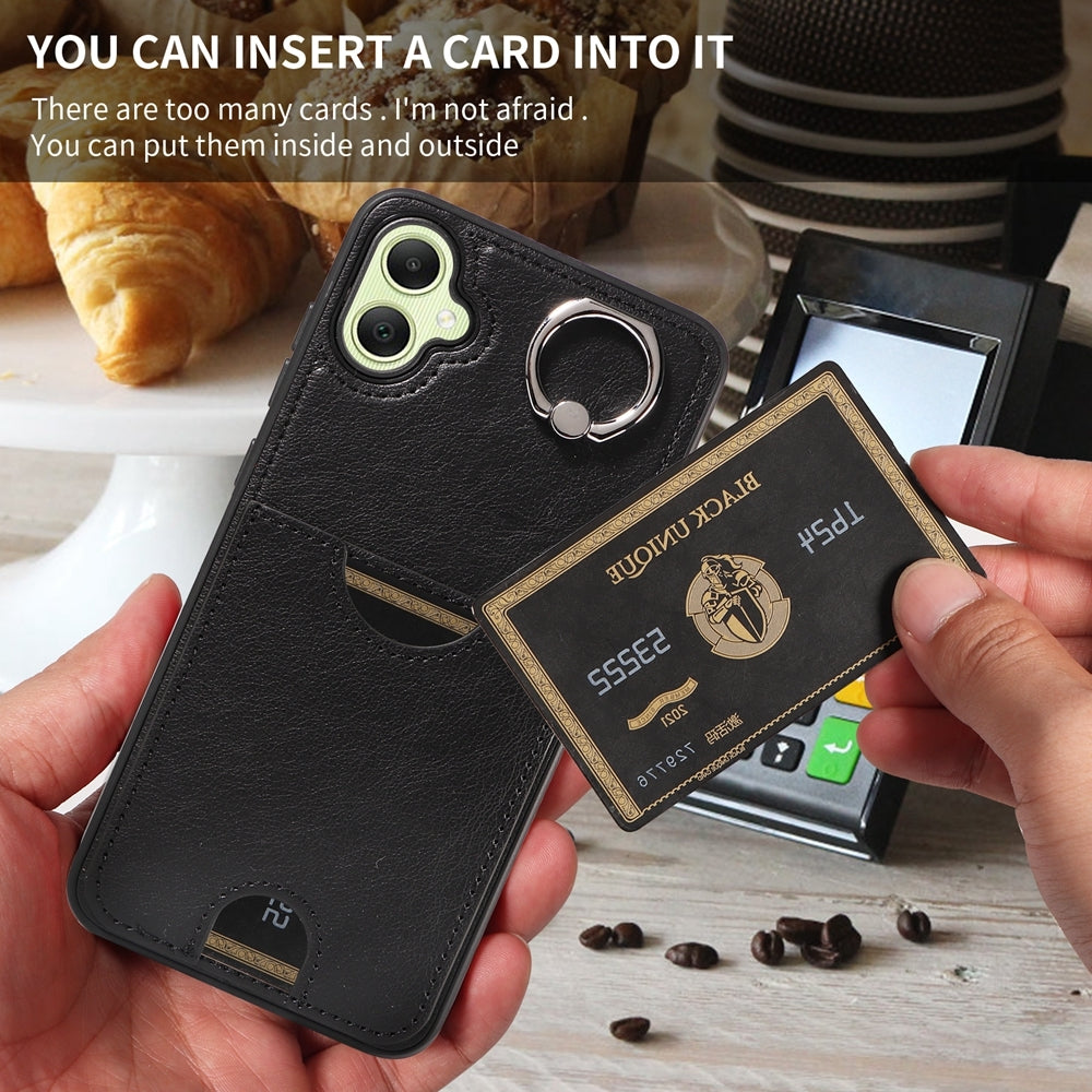 For Samsung Galaxy A05 Calf Texture Card Slot Ring Holder Phone Case